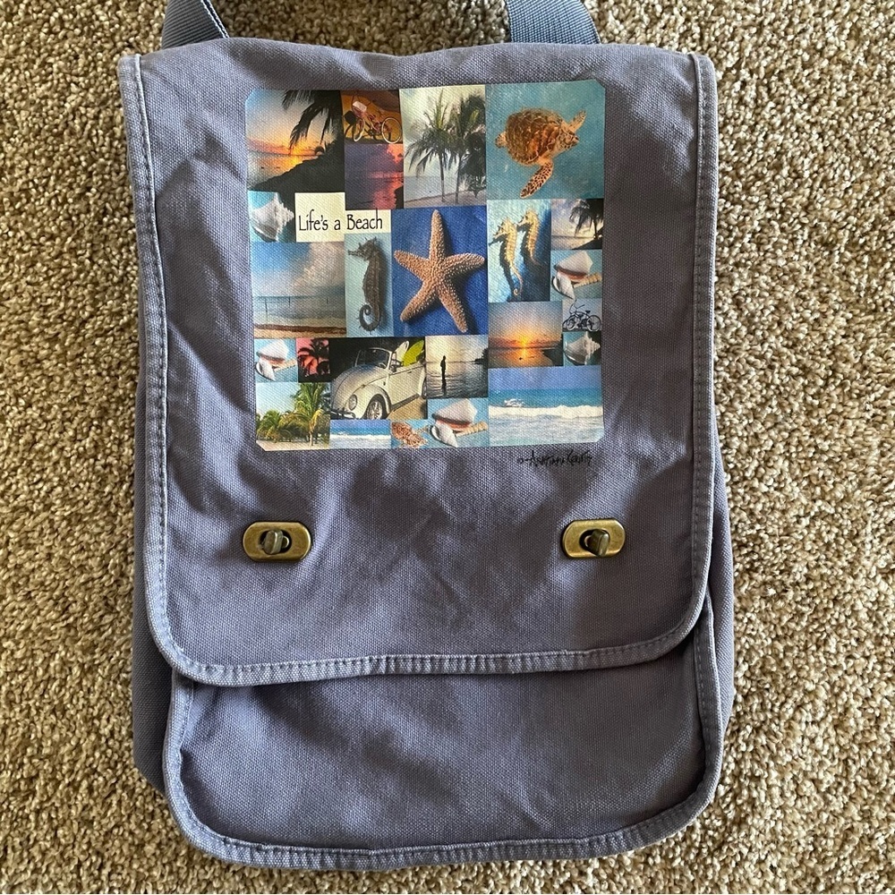 Dharma Love Life’s a Beach Blue Canvas Messenger Book Bag Crossbody Ocean Relax - Picture 2 of 16
